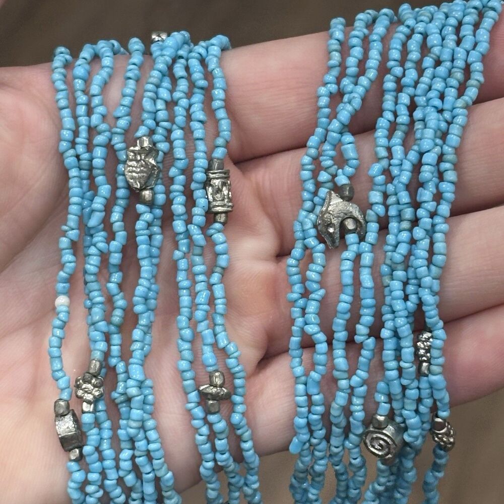 Multi Strand Seed Bead Necklace Blue Glass Silver Tone Charms Boho Southwestern